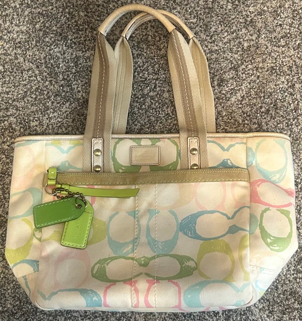 Coach Hampton Scribble Pastel Signature Tote Canvas Satchel Y2K Green Hangtags